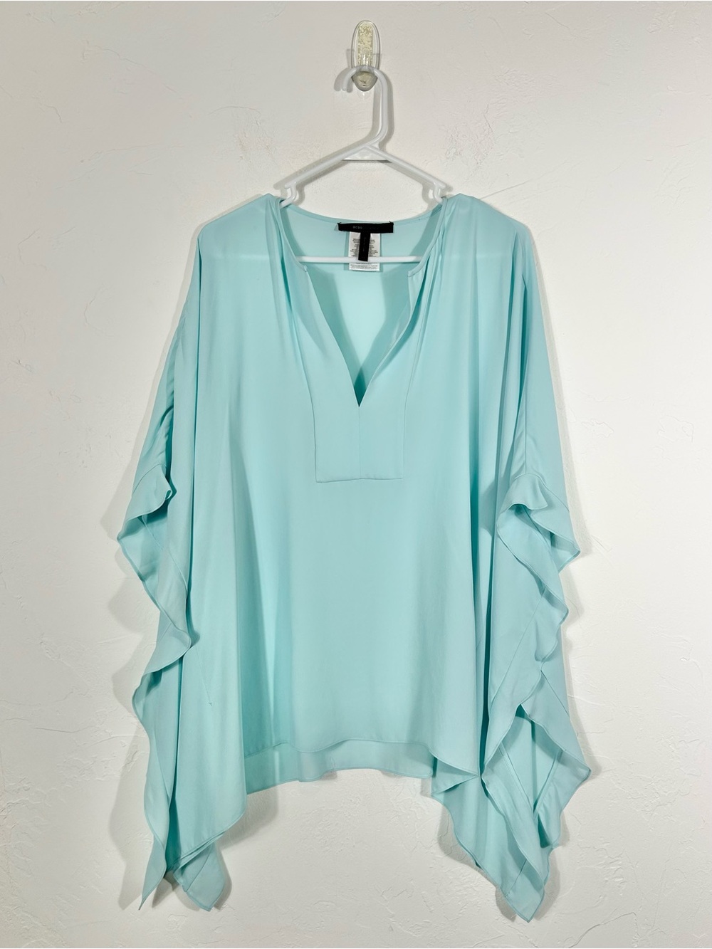 BCBGMAXAZRIA Mint Green Chiffon Ruffle Kaftan Cape Blouse V-Neck Poncho Top